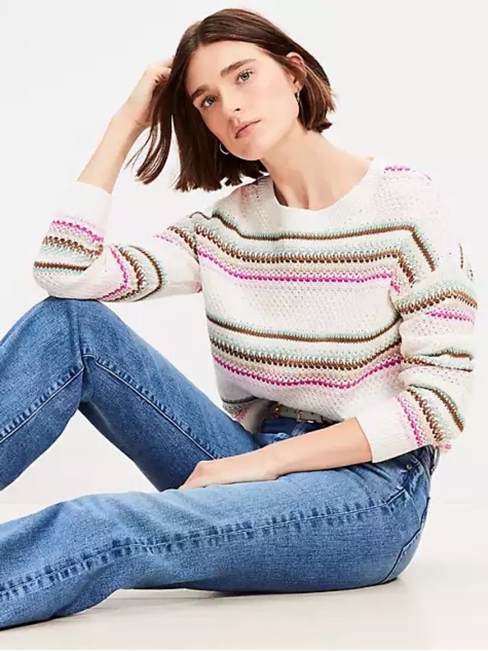 LOFT Textured Striped Crewneck Sweater - Pastel Pointelle Knit
